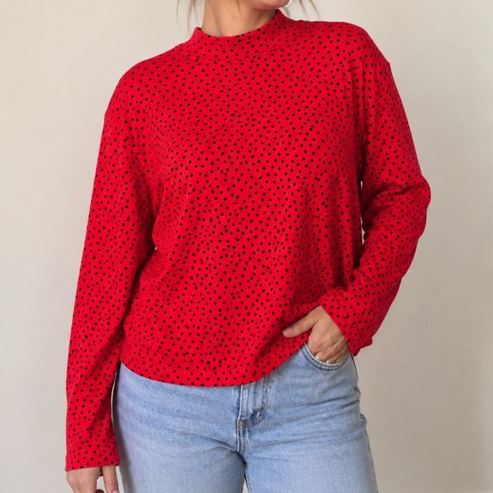 Kim Rogers XL Red Polka Dot Mock Neck Top Cotton Retro Coquette Vintage Women